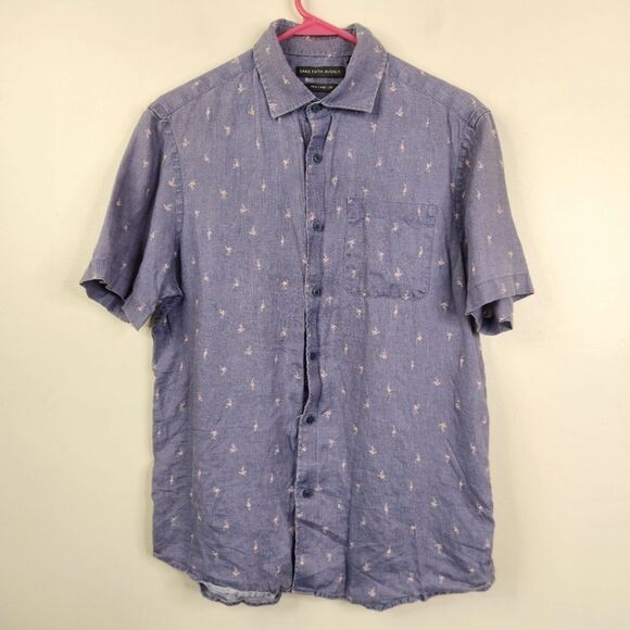 Saks Fifth Avenue Mens Linen Flamingo AOP Short Sleeve Button Down Shirt Small - Picture 1 of 6